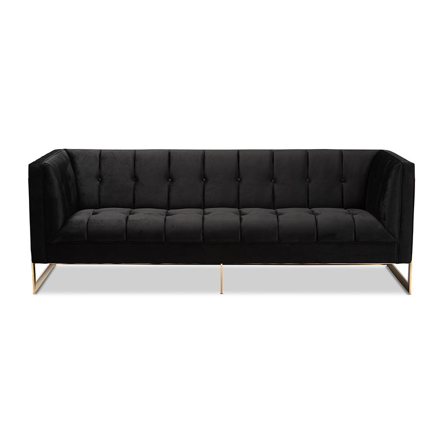 Baxton Studio Ambra Glam and Luxe Black Velvet Upholstered and Button Tufted Sofa with Gold-Tone Frame | Sofas | Modishstore - 3