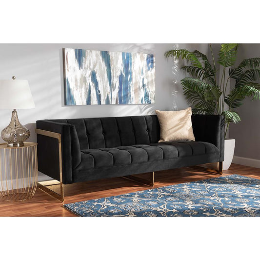 Baxton Studio Ambra Glam and Luxe Black Velvet Upholstered and Button Tufted Sofa with Gold-Tone Frame | Sofas | Modishstore