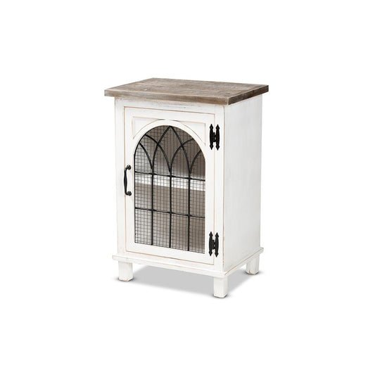 Baxton Studio Faron Classic and Traditional Farmhouse Two-Tone Distressed White and Oak Brown Finished Wood 1-Door End Table | End Tables | Modishstore