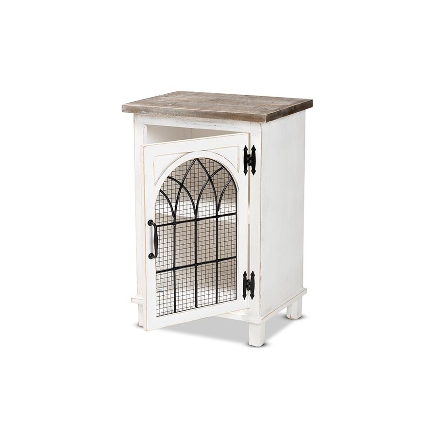 Baxton Studio Faron Classic and Traditional Farmhouse Two-Tone Distressed White and Oak Brown Finished Wood 1-Door End Table | End Tables | Modishstore - 2