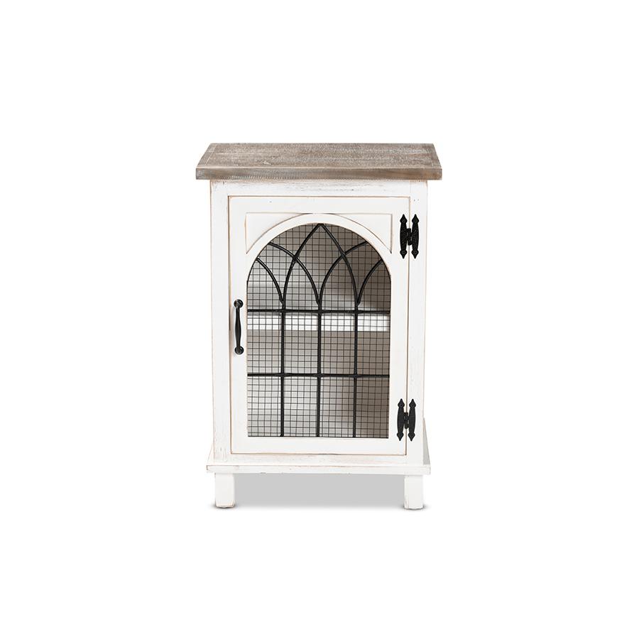 Baxton Studio Faron Classic and Traditional Farmhouse Two-Tone Distressed White and Oak Brown Finished Wood 1-Door End Table | End Tables | Modishstore - 3