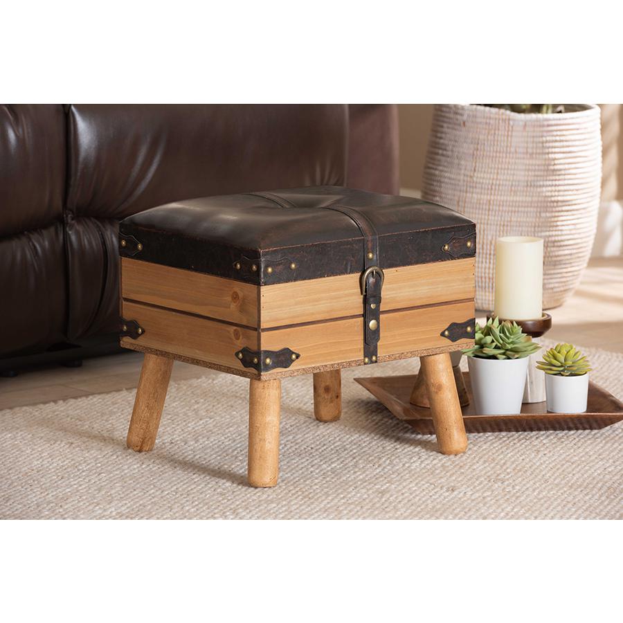 Baxton Studio Amena Rustic Transitional Dark Brown PU Leather Upholstered and Oak Finished Wood Small Storage Ottoman | Ottomans | Modishstore - 2