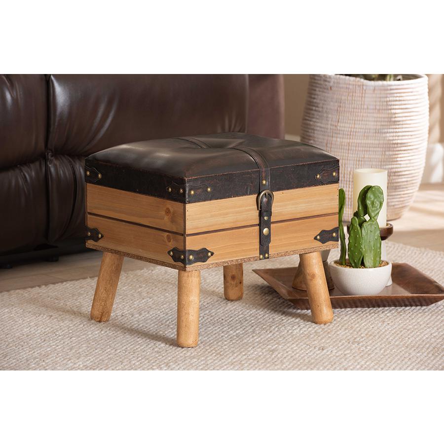 Baxton Studio Amena Rustic Transitional Dark Brown PU Leather Upholstered and Oak Finished Wood Small Storage Ottoman | Ottomans | Modishstore - 3
