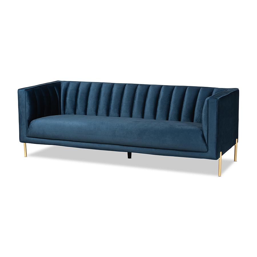 Baxton Studio Maia Contemporary Glam and Luxe Navy Blue Velvet Fabric Upholstered and Gold Finished Metal Sofa | Sofas | Modishstore - 4