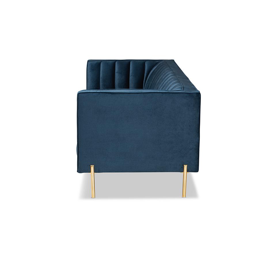 Baxton Studio Maia Contemporary Glam and Luxe Navy Blue Velvet Fabric Upholstered and Gold Finished Metal Sofa | Sofas | Modishstore - 6