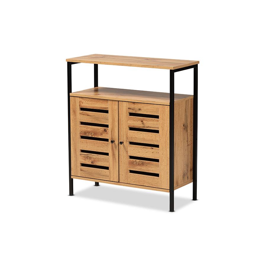 Baxton Studio Vander Modern and Contemporary Oak Brown Finished Wood and Black Metal 2-Door Shoe Cabinet | Cabinets | Modishstore - 2