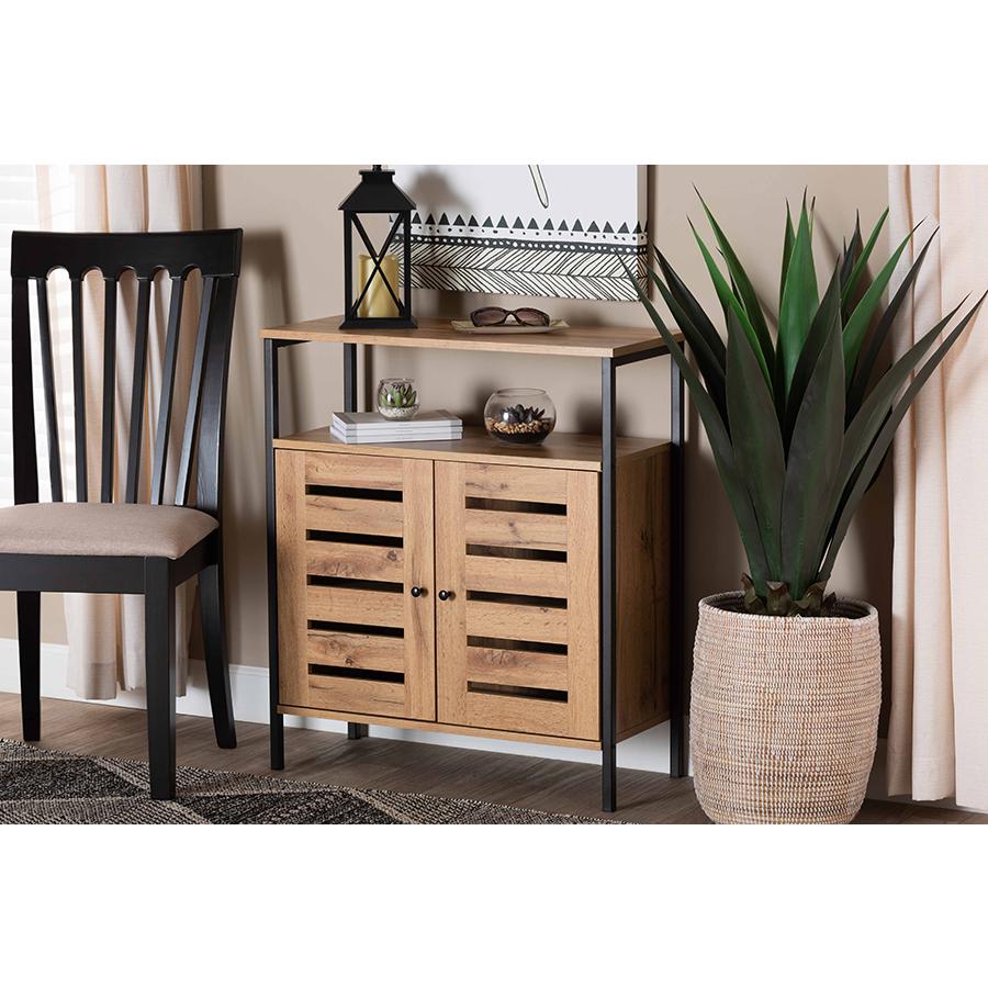 Baxton Studio Vander Modern and Contemporary Oak Brown Finished Wood and Black Metal 2-Door Shoe Cabinet | Cabinets | Modishstore