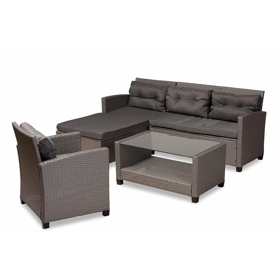 Baxton Studio Darian Modern and Contemporary Grey Fabric Upholstered and Grey Synthetic Rattan 4-Piece Patio Set | Outdoor Sofas, Loveseats & Sectionals | Modishstore - 2