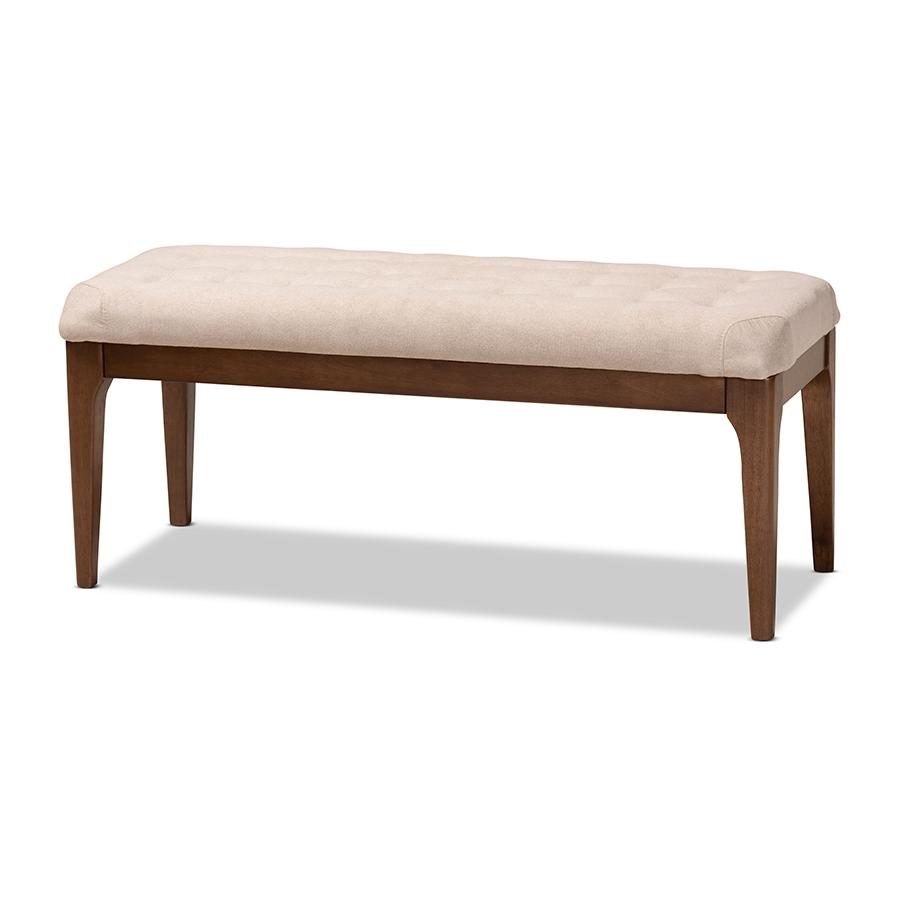Baxton Studio Walsh Mid-Century Modern Beige Fabric Upholstered and Walnut Brown Finished Wood Dining Bench | Benches | Modishstore - 2