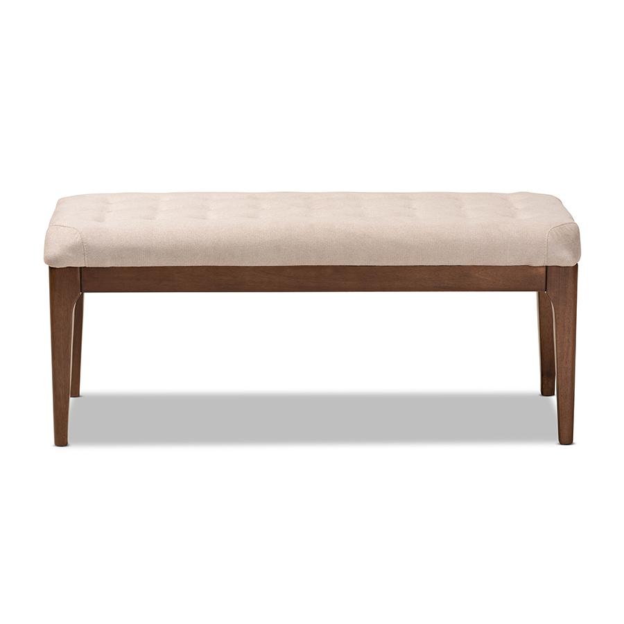 Baxton Studio Walsh Mid-Century Modern Beige Fabric Upholstered and Walnut Brown Finished Wood Dining Bench | Benches | Modishstore - 3