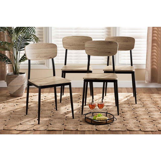 Baxton Studio Honore Mid-Century Modern Light Brown Finished Wood and Black Metal 4-Piece Dining Chair Set | Dining Chairs | Modishstore
