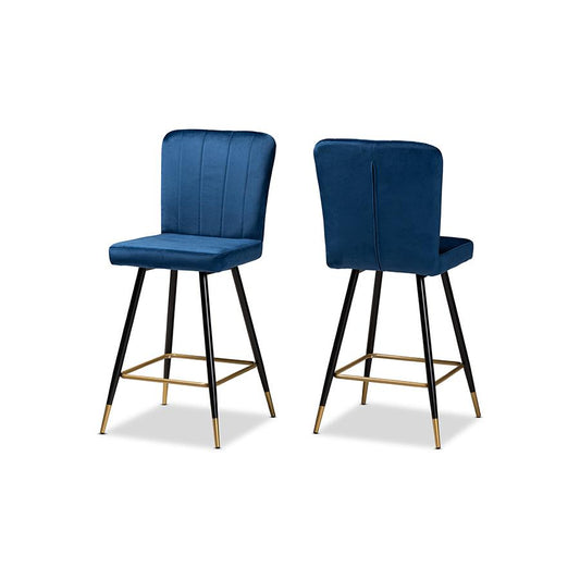 Baxton Studio Preston Modern Luxe and Glam Navy Blue Velvet Fabric Upholstered and Two-Tone Black and Gold Finished Metal 2-Piece Bar Stool Set | Bar Stools | Modishstore