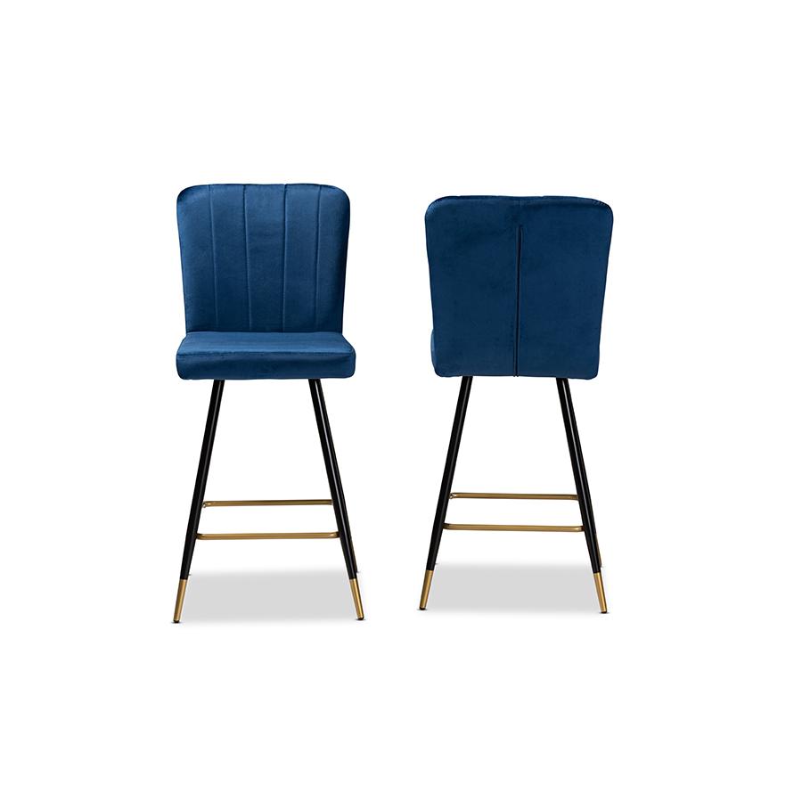 Baxton Studio Preston Modern Luxe and Glam Navy Blue Velvet Fabric Upholstered and Two-Tone Black and Gold Finished Metal 2-Piece Bar Stool Set | Bar Stools | Modishstore - 2