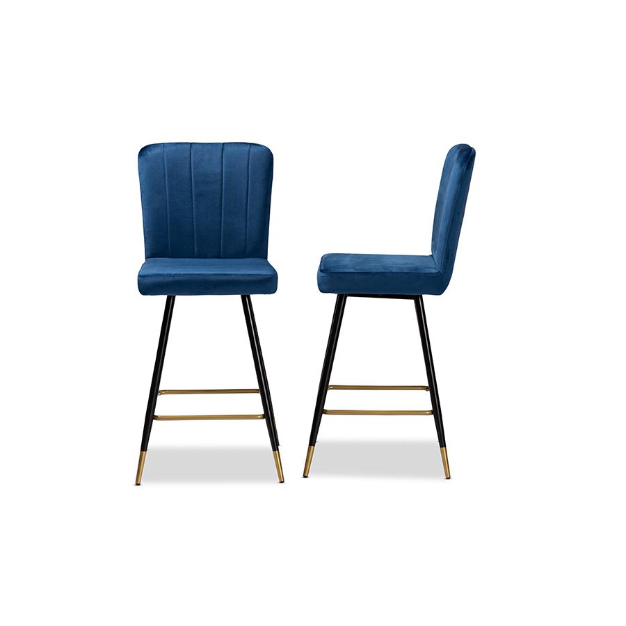 Baxton Studio Preston Modern Luxe and Glam Navy Blue Velvet Fabric Upholstered and Two-Tone Black and Gold Finished Metal 2-Piece Bar Stool Set | Bar Stools | Modishstore - 3