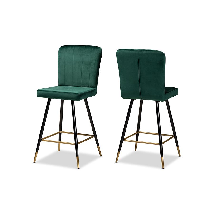 Baxton Studio Preston Modern Luxe and Glam Green Velvet Fabric Upholstered and Two-Tone Black and Gold Finished Metal 2-Piece Bar Stool Set | Bar Stools | Modishstore