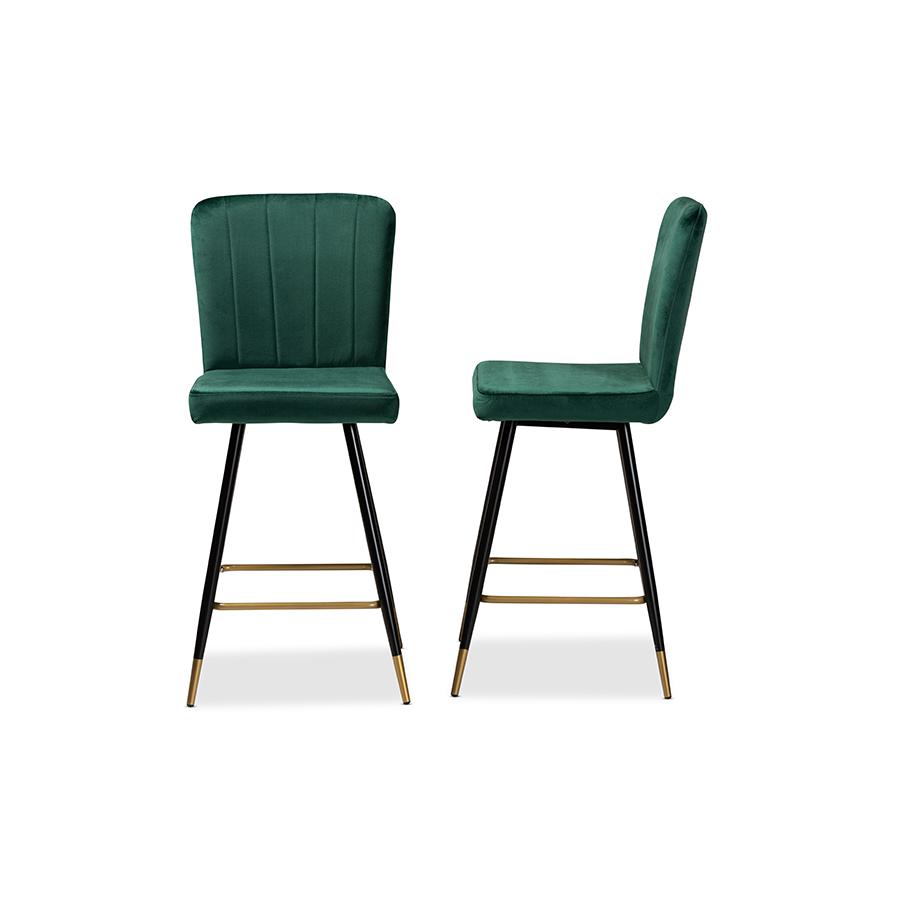 Baxton Studio Preston Modern Luxe and Glam Green Velvet Fabric Upholstered and Two-Tone Black and Gold Finished Metal 2-Piece Bar Stool Set | Bar Stools | Modishstore - 3