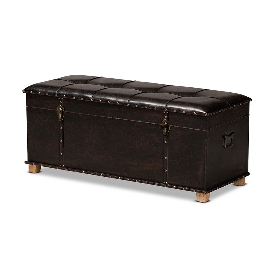 Baxton Studio Janna Rustic Transitional Dark Brown Faux Leather Upholstered and Oak Brown Finished Wood Storage Ottoman | Ottomans | Modishstore - 2