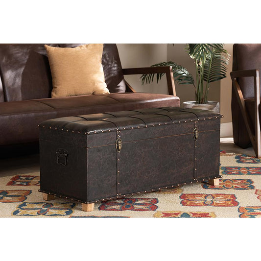 Baxton Studio Janna Rustic Transitional Dark Brown Faux Leather Upholstered and Oak Brown Finished Wood Storage Ottoman | Ottomans | Modishstore
