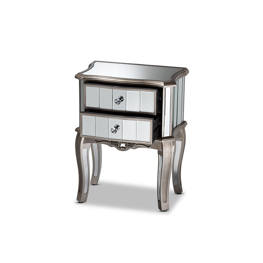 Baxton Studio Elgin Contemporary Glam and Luxe Brushed Silver Finished Wood and Mirrored Glass 2-Drawer Nightstand | Nightstands | Modishstore - 3