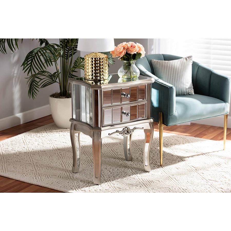 Baxton Studio Elgin Contemporary Glam and Luxe Brushed Silver Finished Wood and Mirrored Glass 2-Drawer Nightstand | Nightstands | Modishstore