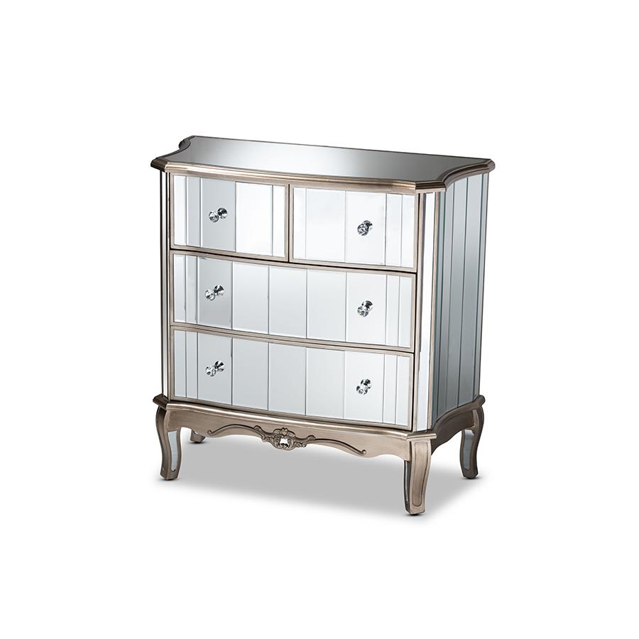 Baxton Studio Elgin Contemporary Glam and Luxe Brushed Silver Finished Wood and Mirrored Glass 4-Drawer Cabinet | Drawers | Modishstore - 2