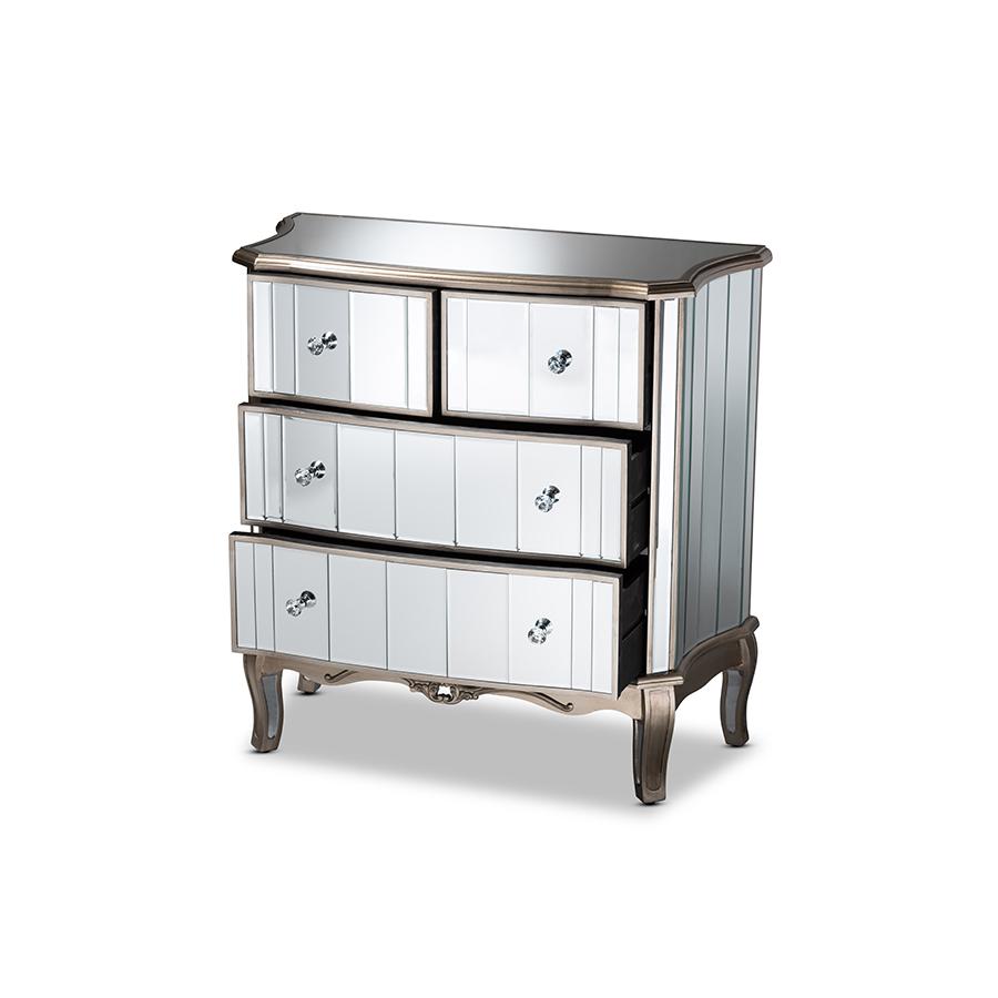 Baxton Studio Elgin Contemporary Glam and Luxe Brushed Silver Finished Wood and Mirrored Glass 4-Drawer Cabinet | Drawers | Modishstore - 3