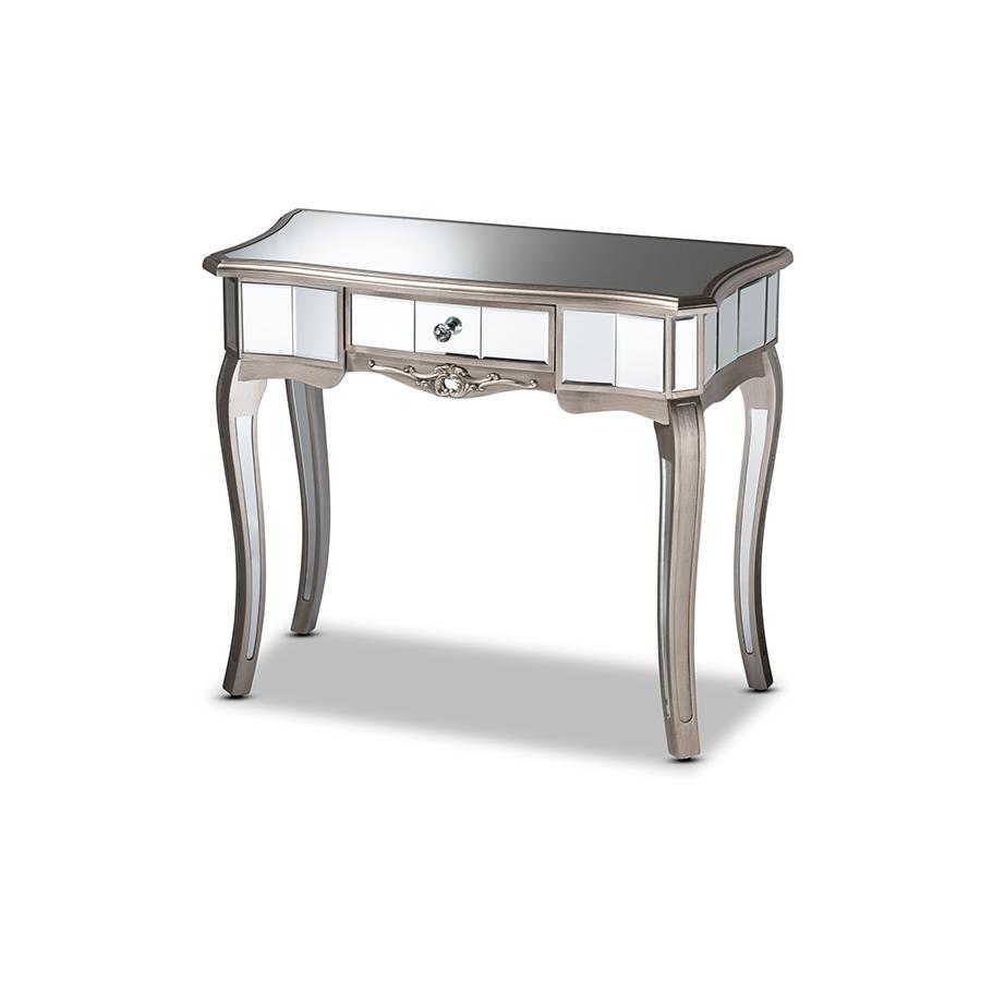 Baxton Studio Elgin Contemporary Glam and Luxe Brushed Silver Finished Wood and Mirrored Glass 1-Drawer Console Table | Console Tables | Modishstore - 2
