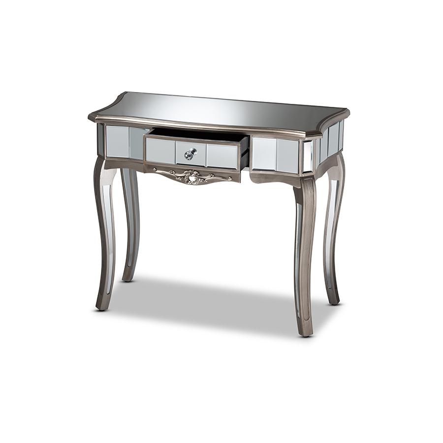 Baxton Studio Elgin Contemporary Glam and Luxe Brushed Silver Finished Wood and Mirrored Glass 1-Drawer Console Table | Console Tables | Modishstore - 3