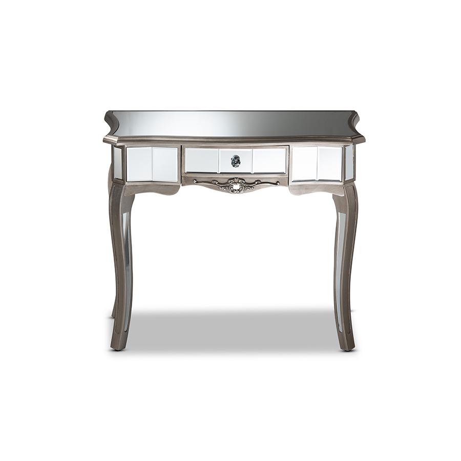 Baxton Studio Elgin Contemporary Glam and Luxe Brushed Silver Finished Wood and Mirrored Glass 1-Drawer Console Table | Console Tables | Modishstore - 4