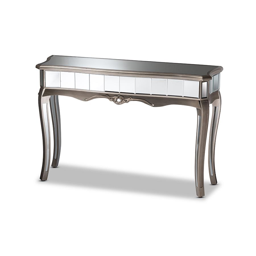 Baxton Studio Elgin Contemporary Glam and Luxe Brushed Silver Finished Wood and Mirrored Glass Console Table | Console Tables | Modishstore - 2