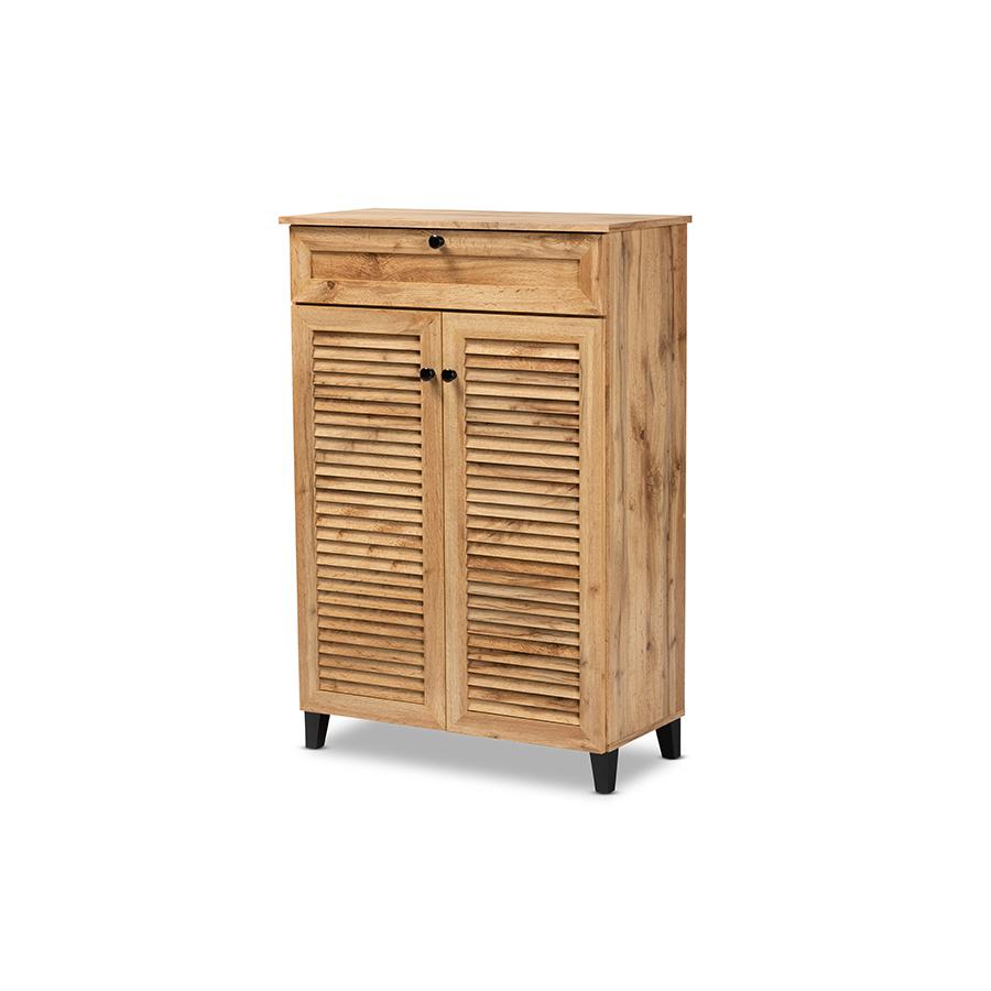 Baxton Studio Coolidge Modern and Contemporary Oak Brown Finished Wood 5-Shelf Shoe Storage Cabinet | Cabinets | Modishstore