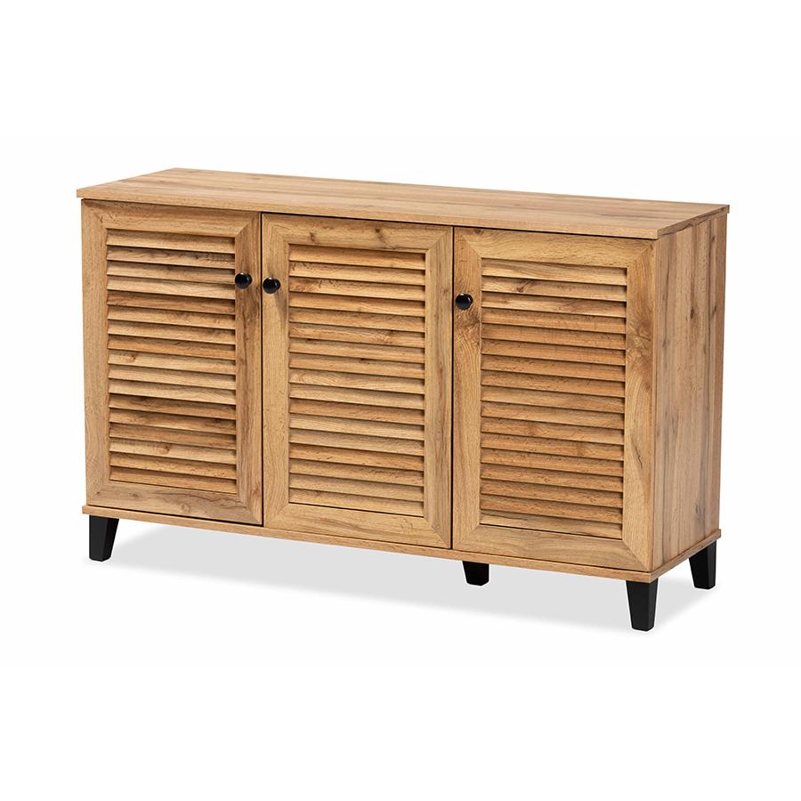 Baxton Studio Coolidge Modern and Contemporary Oak Brown Finished Wood 3-Door Shoe Storage Cabinet | Cabinets | Modishstore