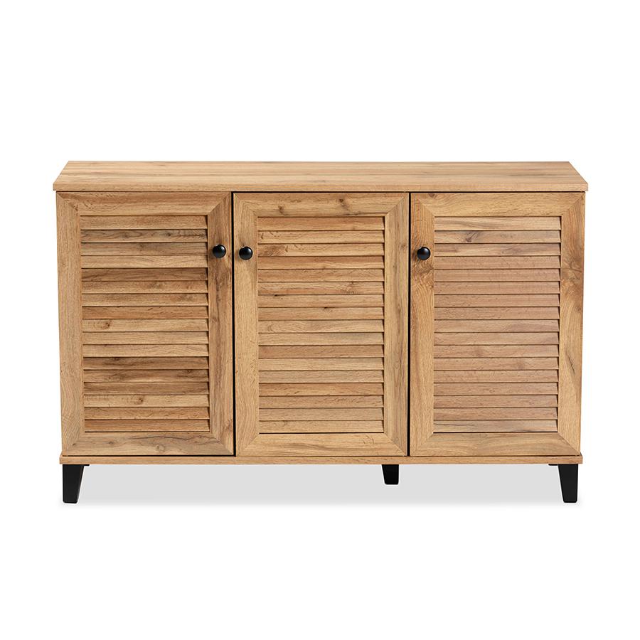 Baxton Studio Coolidge Modern and Contemporary Oak Brown Finished Wood 3-Door Shoe Storage Cabinet | Cabinets | Modishstore - 4