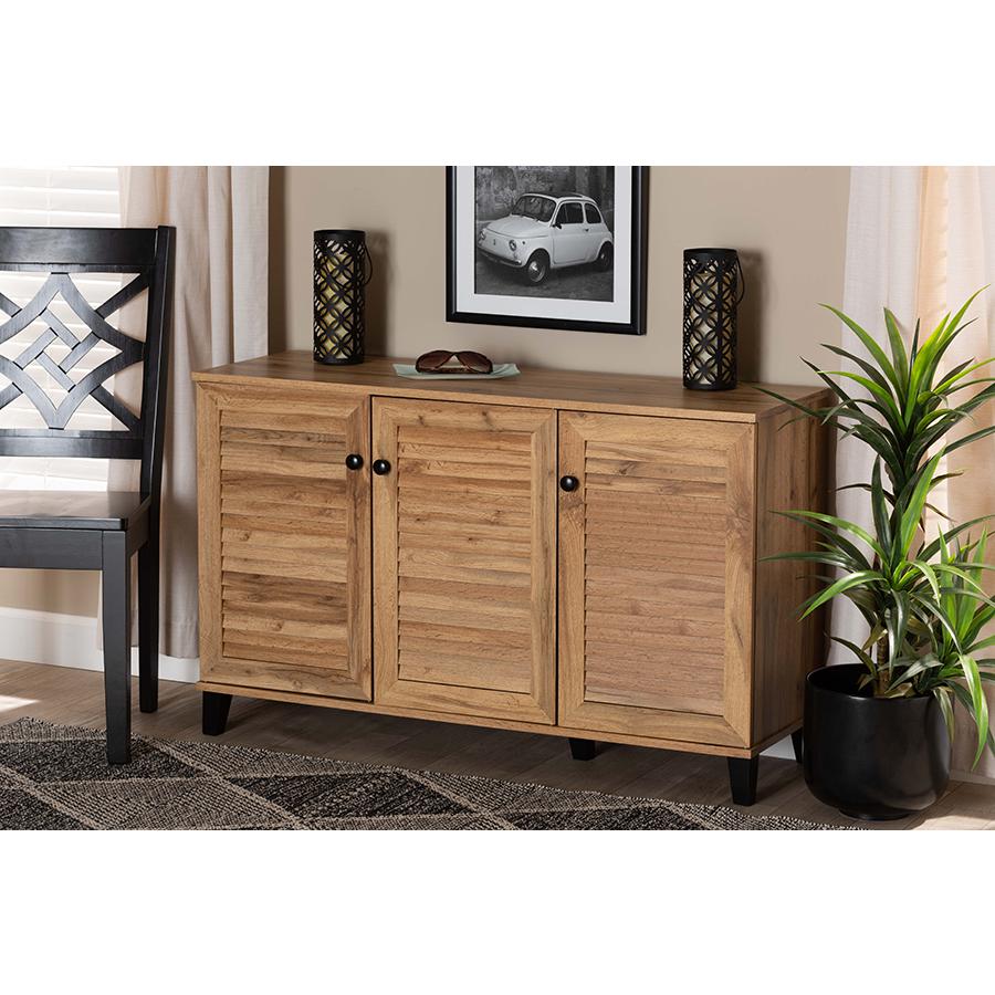 Baxton Studio Coolidge Modern and Contemporary Oak Brown Finished Wood 3-Door Shoe Storage Cabinet | Cabinets | Modishstore - 2