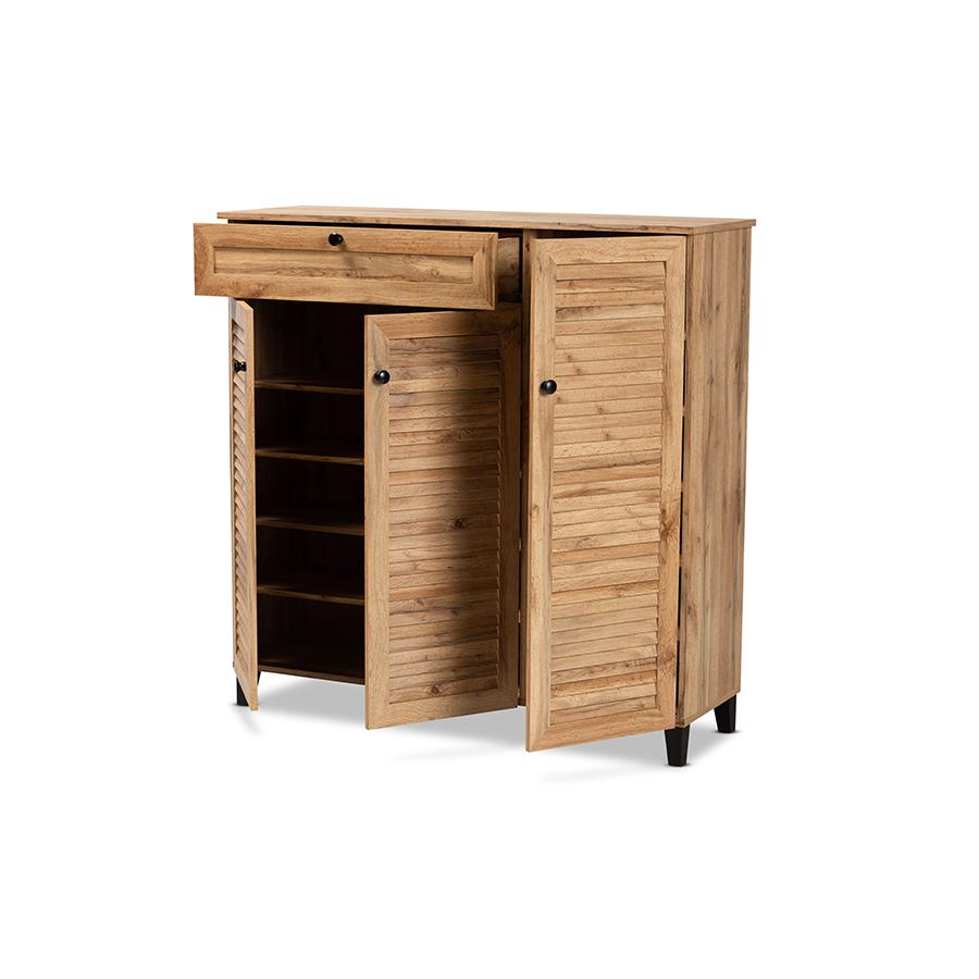 Baxton Studio Coolidge Modern and Contemporary Oak Brown Finished Wood 3-Door Shoe Storage Cabinet with Drawer | Cabinets | Modishstore - 3
