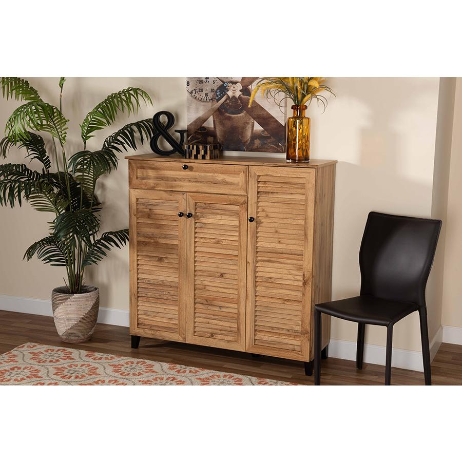 Baxton Studio Coolidge Modern and Contemporary Oak Brown Finished Wood 3-Door Shoe Storage Cabinet with Drawer | Cabinets | Modishstore - 2