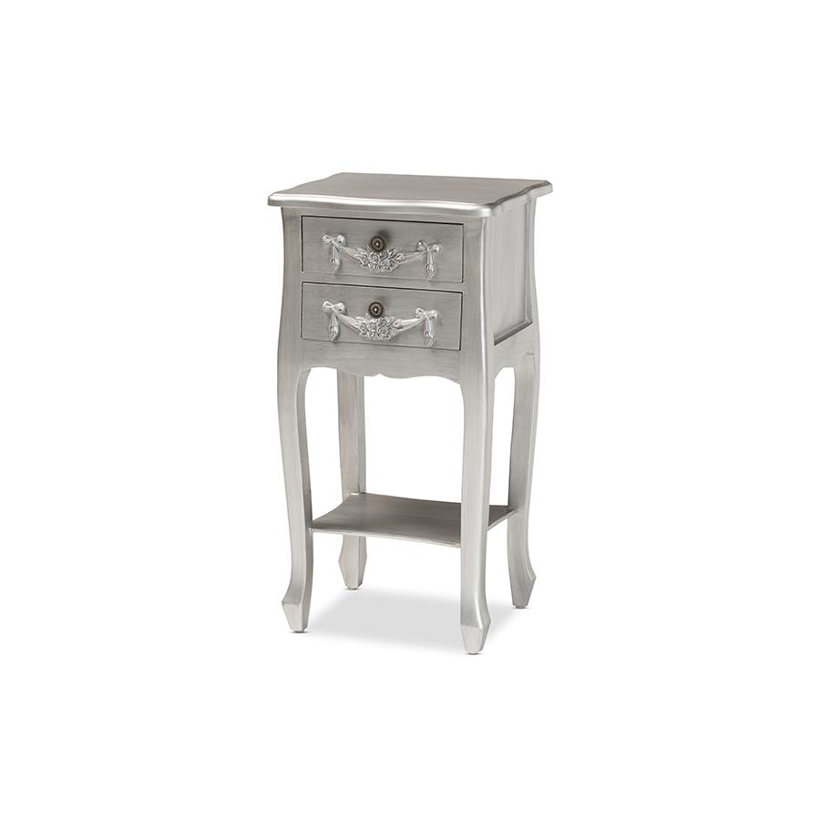 Baxton Studio Eliya Classic and Traditional Brushed Silver Finished Wood 2-Drawer Nightstand | Nightstands | Modishstore