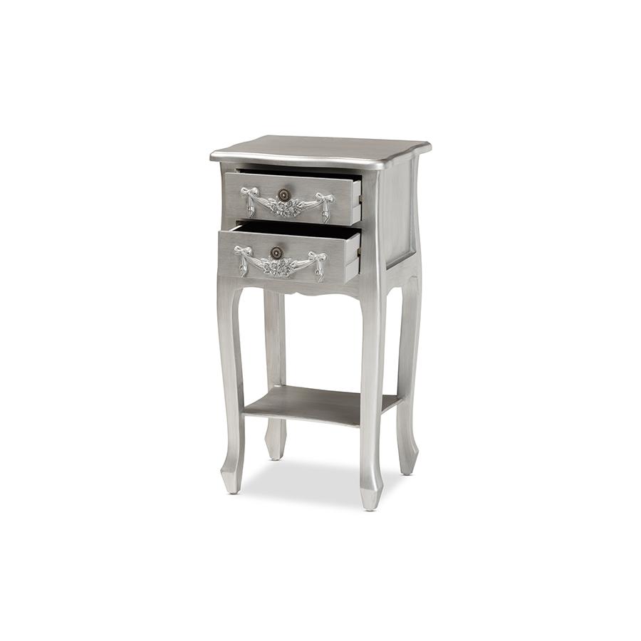 Baxton Studio Eliya Classic and Traditional Brushed Silver Finished Wood 2-Drawer Nightstand | Nightstands | Modishstore - 2