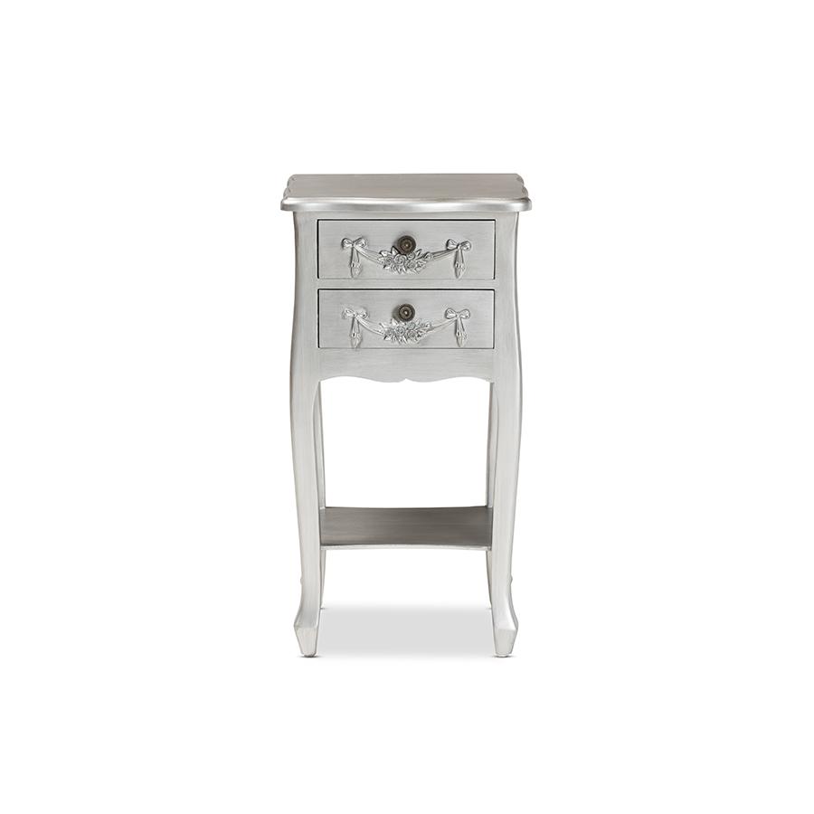 Baxton Studio Eliya Classic and Traditional Brushed Silver Finished Wood 2-Drawer Nightstand | Nightstands | Modishstore - 3