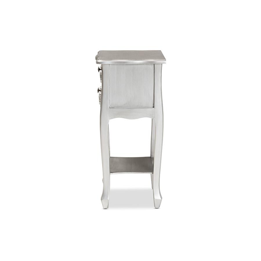 Baxton Studio Eliya Classic and Traditional Brushed Silver Finished Wood 2-Drawer Nightstand | Nightstands | Modishstore - 4