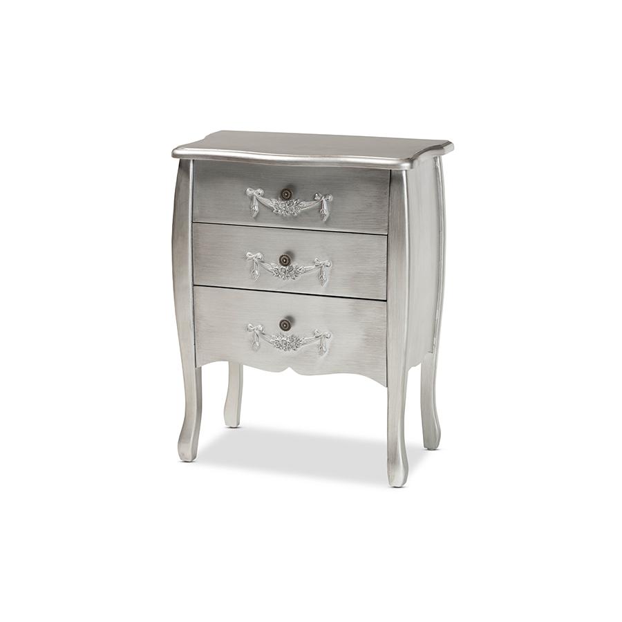 Baxton Studio Eliya Classic and Traditional Brushed Silver Finished Wood 3-Drawer Storage Cabinet | Drawers | Modishstore