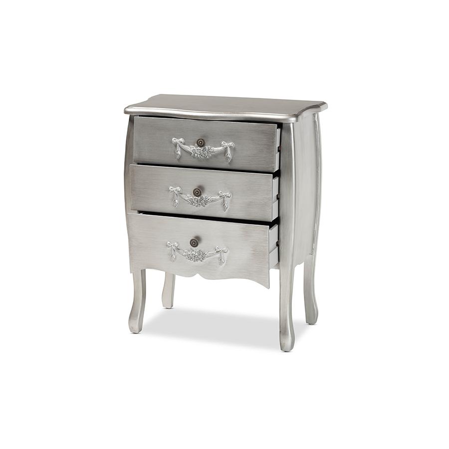 Baxton Studio Eliya Classic and Traditional Brushed Silver Finished Wood 3-Drawer Storage Cabinet | Drawers | Modishstore - 2