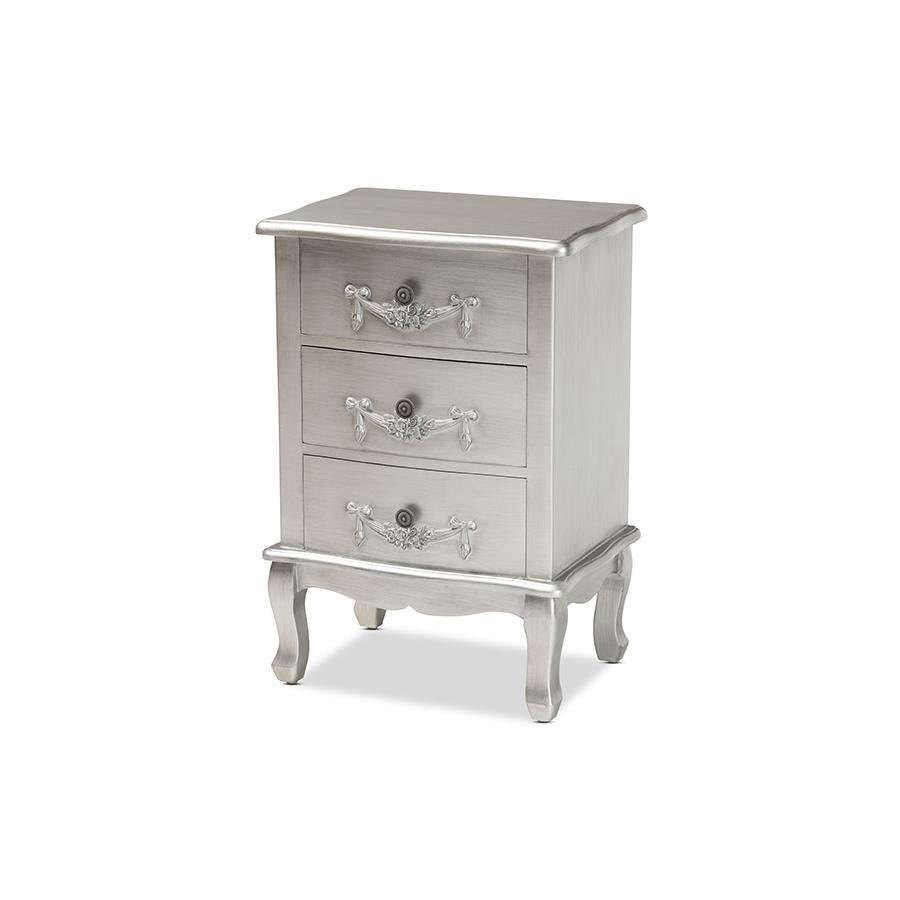 Baxton Studio Callen Classic and Traditional Brushed Silver Finished Wood 3-Drawer Nightstand | Nightstands | Modishstore