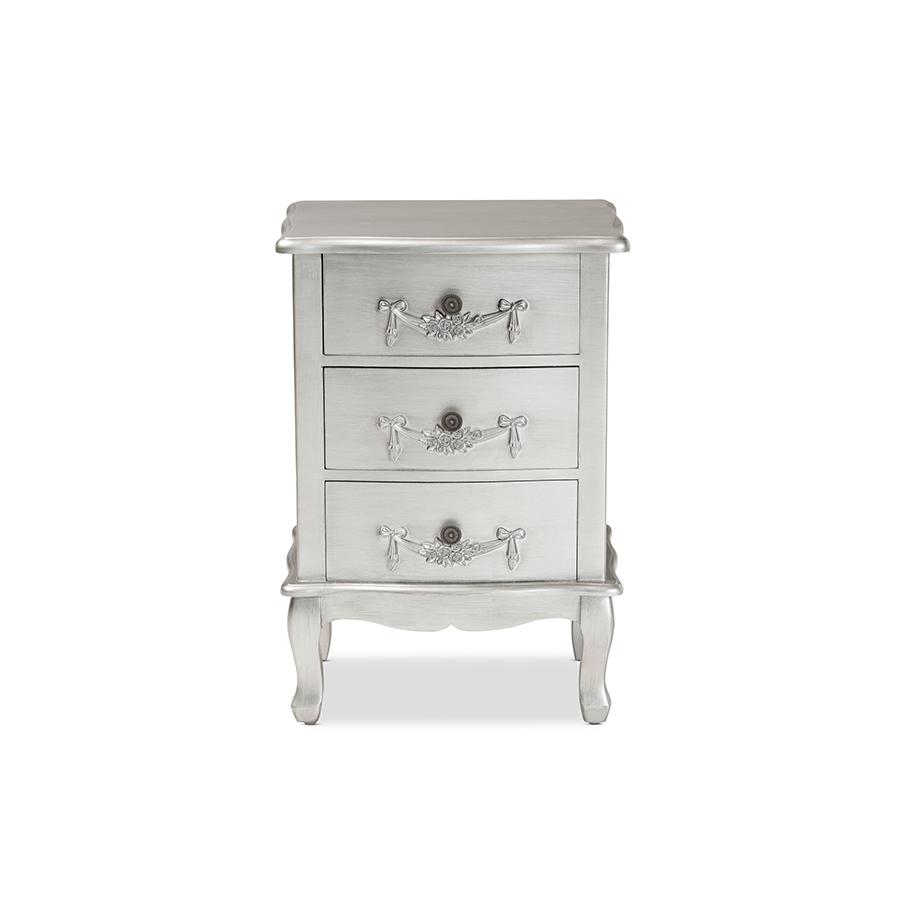 Baxton Studio Callen Classic and Traditional Brushed Silver Finished Wood 3-Drawer Nightstand | Nightstands | Modishstore - 3
