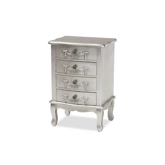Baxton Studio Callen Classic and Traditional Brushed Silver Finished Wood 4-Drawer Nightstand | Nightstands | Modishstore