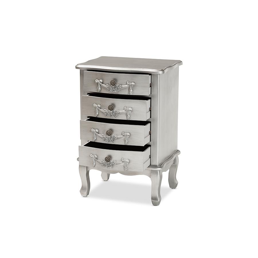 Baxton Studio Callen Classic and Traditional Brushed Silver Finished Wood 4-Drawer Nightstand | Nightstands | Modishstore - 2