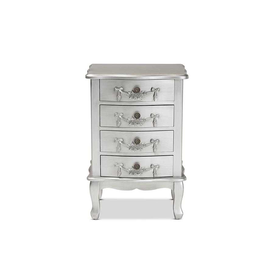 Baxton Studio Callen Classic and Traditional Brushed Silver Finished Wood 4-Drawer Nightstand | Nightstands | Modishstore - 3