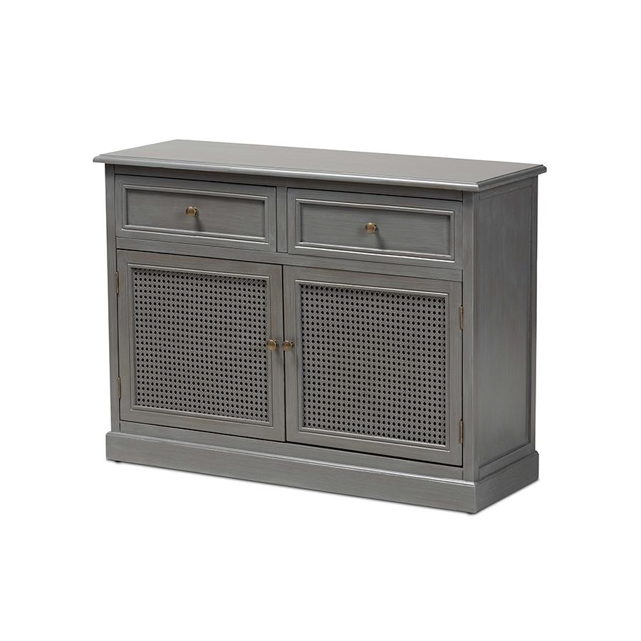 Baxton Studio Sheldon Modern and Contemporary Vintage Grey Finished Wood and Synthetic Rattan 2-Door Dining Room Sideboard Buffet | Sideboards | Modishstore