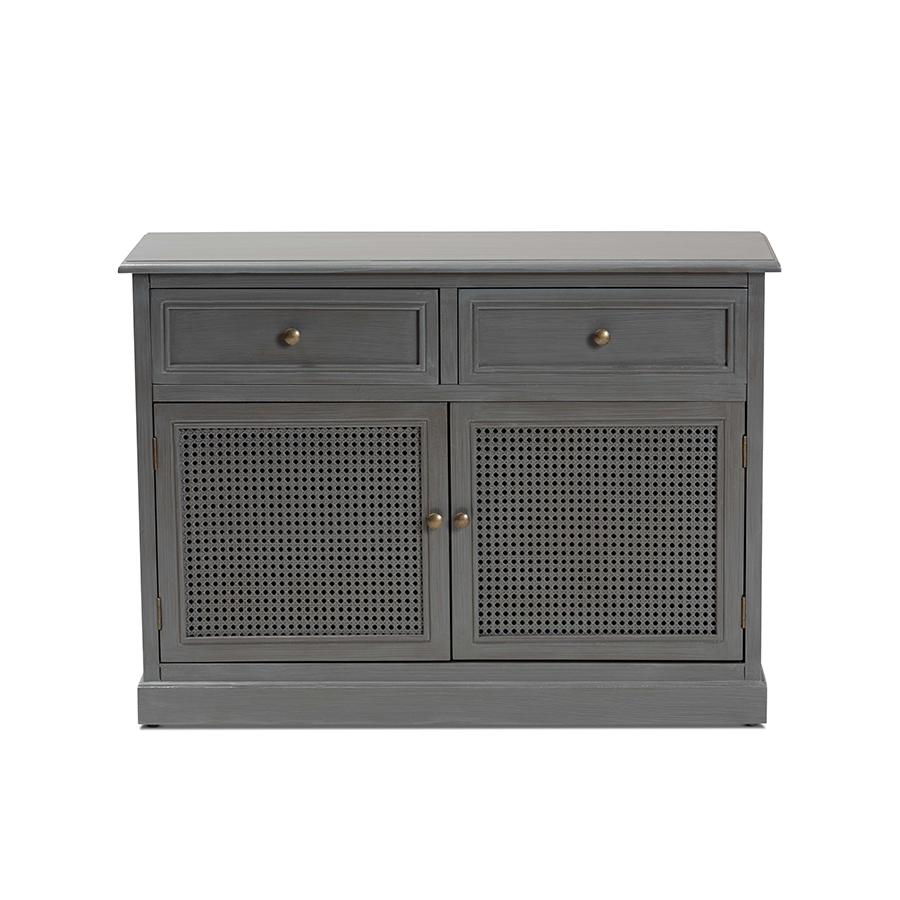 Baxton Studio Sheldon Modern and Contemporary Vintage Grey Finished Wood and Synthetic Rattan 2-Door Dining Room Sideboard Buffet | Sideboards | Modishstore - 3
