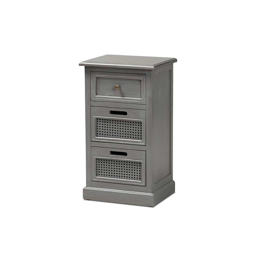Baxton Studio Sheldon Modern and Contemporary Vintage Grey Finished Wood and Synthetic Rattan 3-Drawer End Table | End Tables | Modishstore